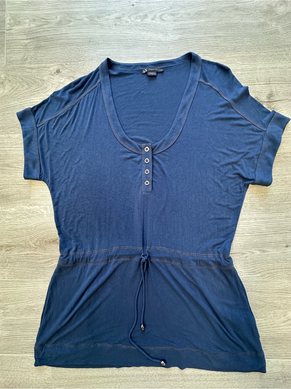 A|X Armani Exchange Blue Cinch Waist Short Sleeve Henley Style Top Large Tunic